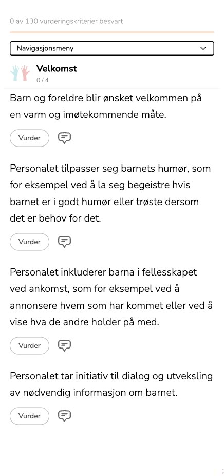 Observasjonsverktøyet på mobil — vurderingskriterier med Vurder-knapper