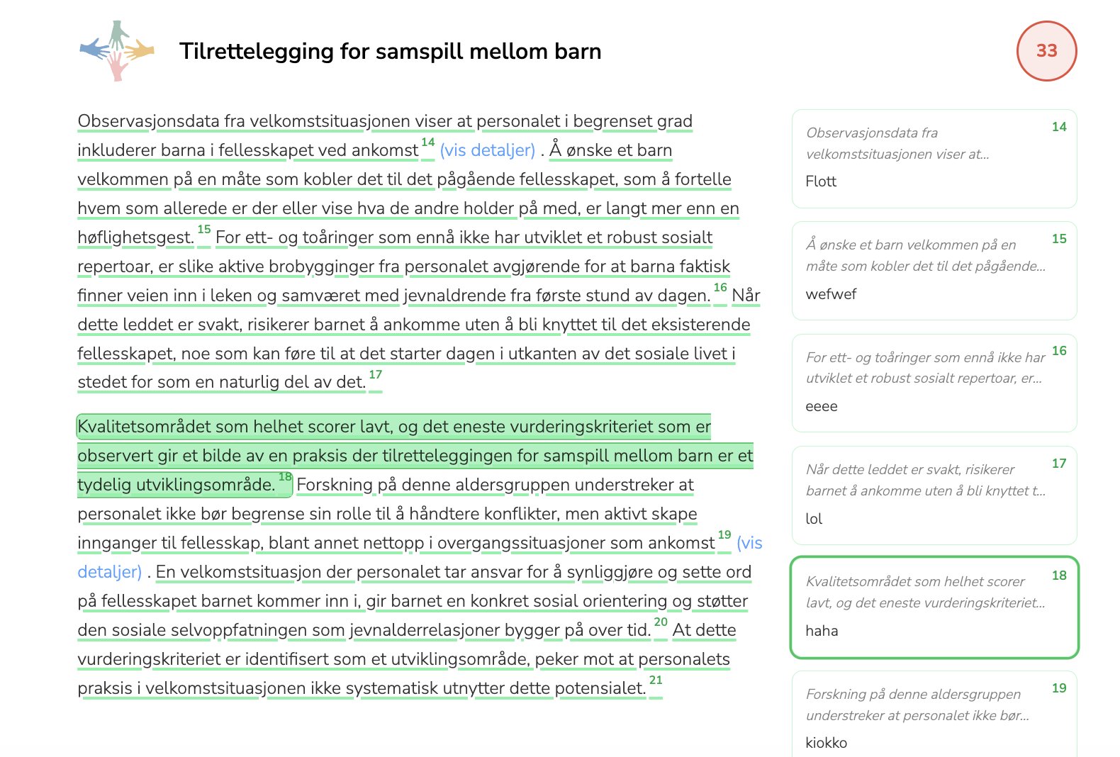 Skjermbilde av kvalitetsrapporten med setningsrefleksjoner